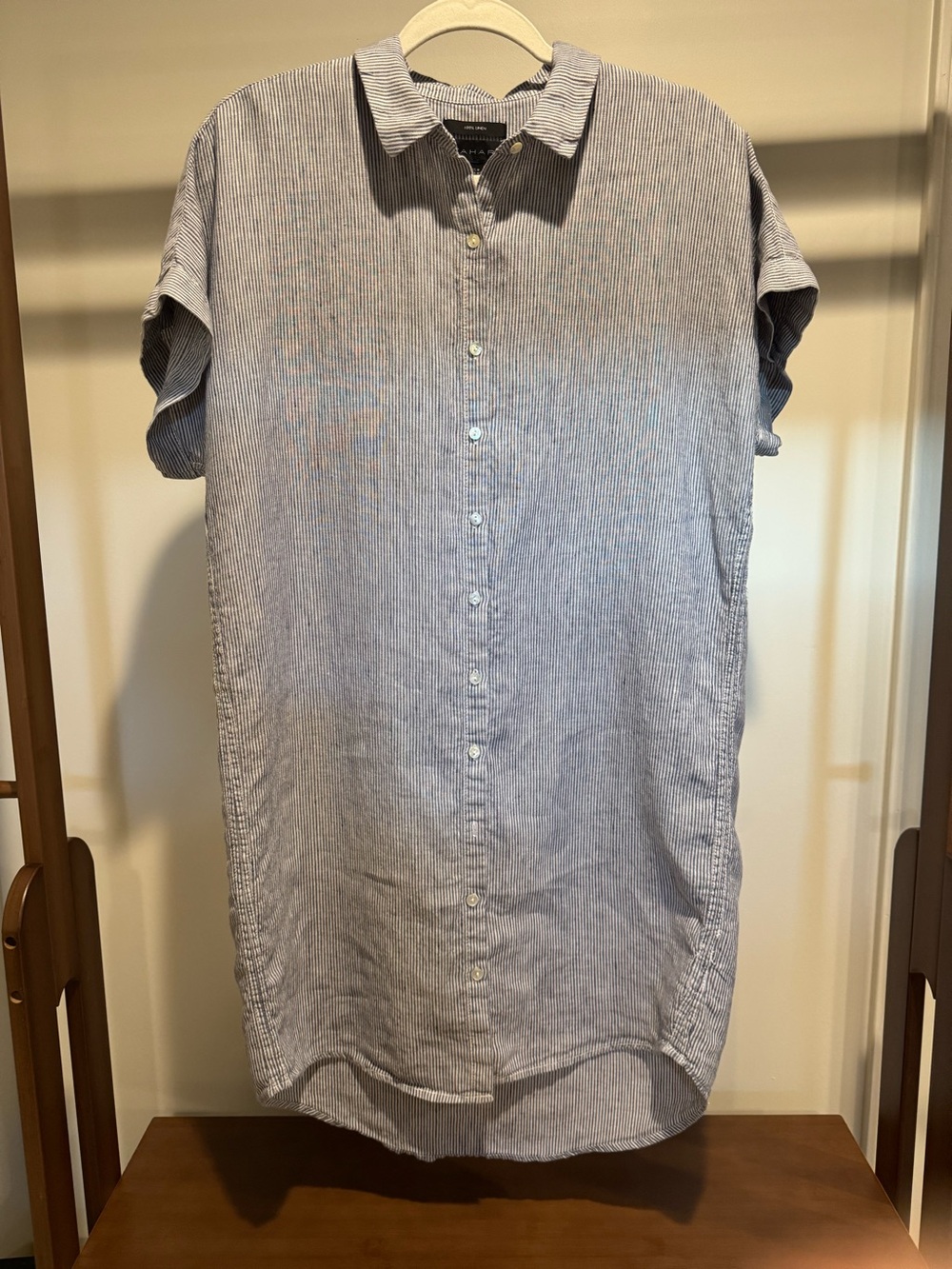 Tahari 100% Linen Blue White Striped Shirt Dress Size M